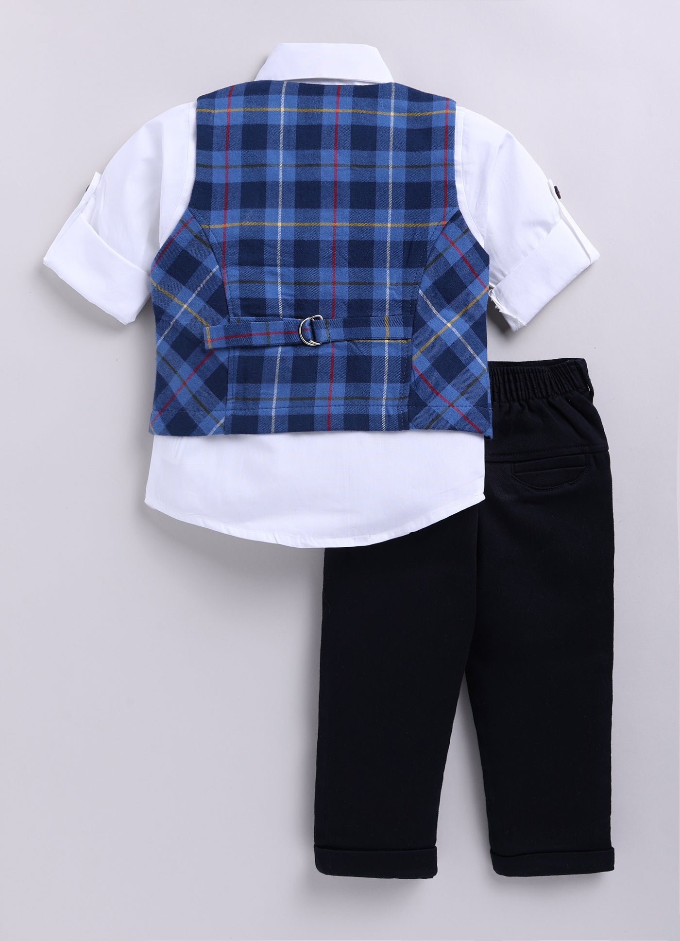 Brushed Cotton Woven Full Sleeves Checkered Waistcoat Pant with Shirt Bow Cap and Brooch Jacket Set- Blue