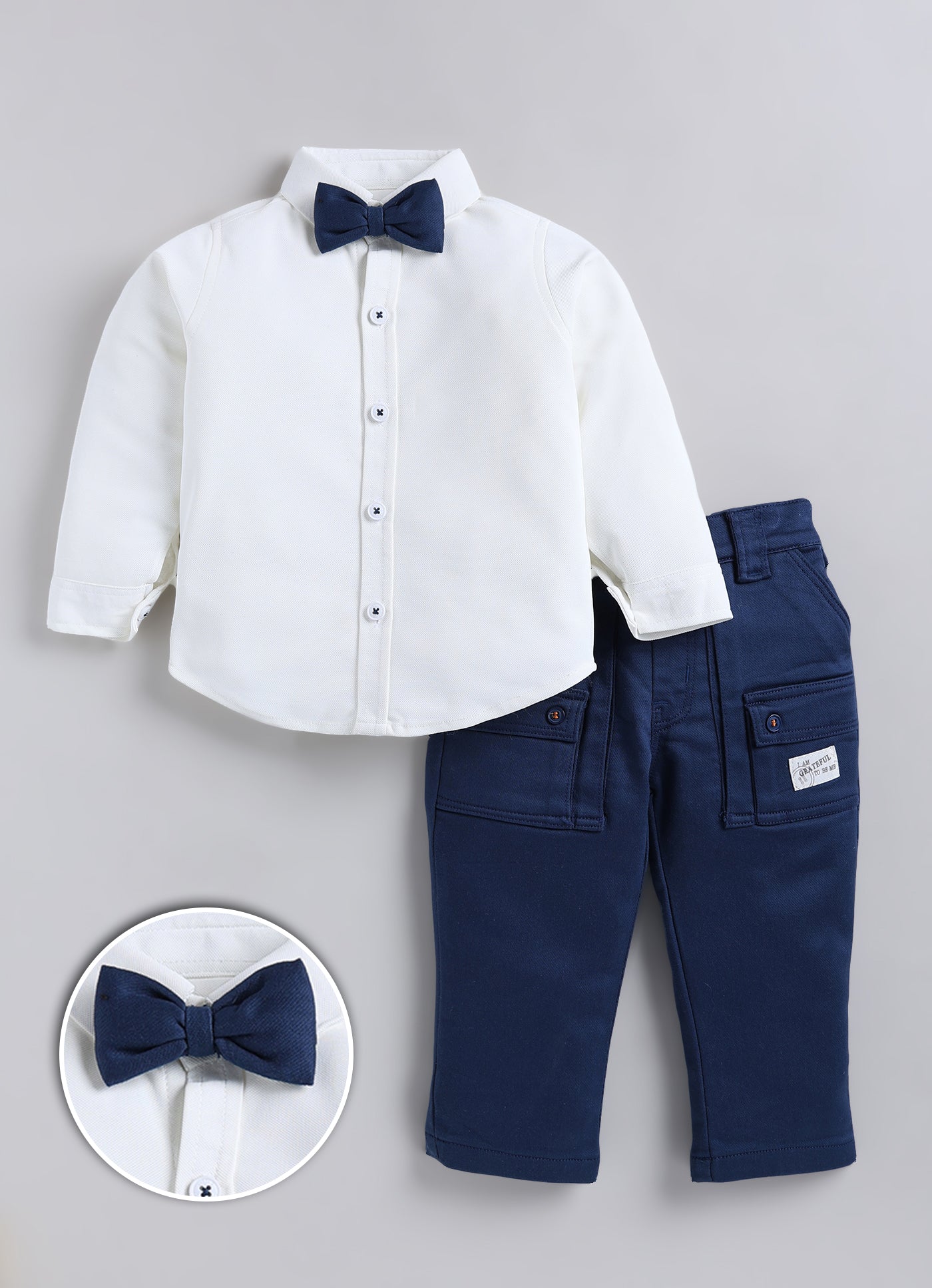 Boys Knitted Striped T-shirt, Shirt, Pant with Bow Casual Set- P.Blue