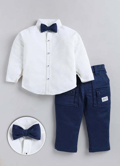 Boys Knitted Striped T-shirt, Shirt, Pant with Bow Casual Set- P.Blue