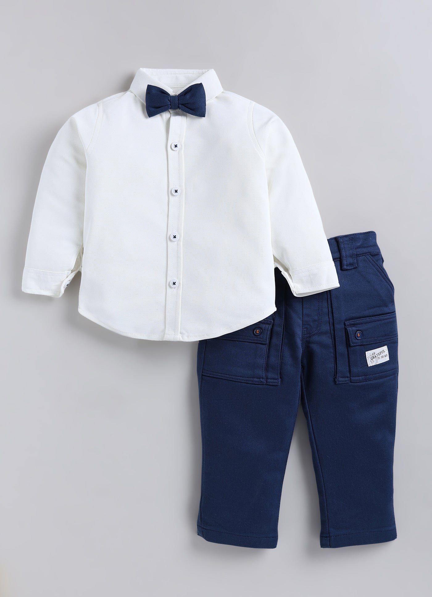 Boys Knitted Striped T-shirt, Shirt, Pant with Bow Casual Set- P.Blue