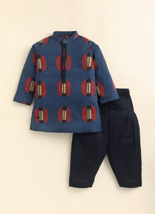 Boys 100% Pure Cotton Jaipuri Print Full Sleeve Patiala Ethnic Set with Handwork Detailing on Box - BLUE