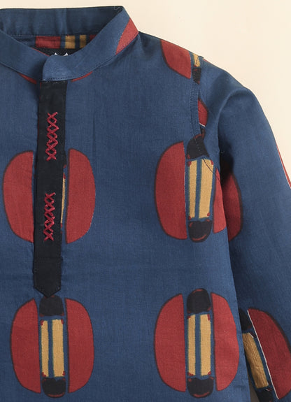 Boys 100% Pure Cotton Jaipuri Print Full Sleeve Patiala Ethnic Set with Handwork Detailing on Box - BLUE