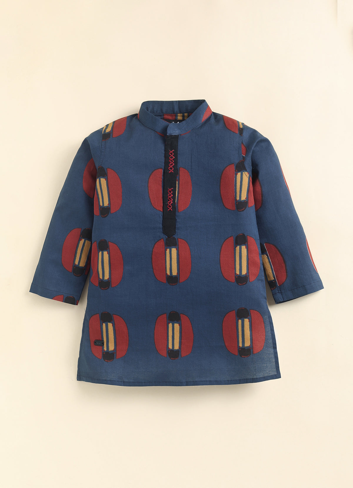 Boys 100% Pure Cotton Jaipuri Print Full Sleeve Patiala Ethnic Set with Handwork Detailing on Box - BLUE