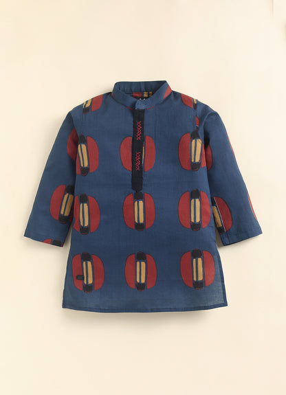 Boys 100% Pure Cotton Jaipuri Print Full Sleeve Patiala Ethnic Set with Handwork Detailing on Box - BLUE