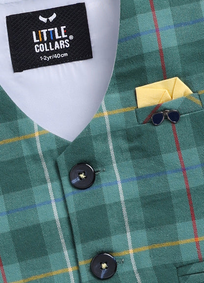 Brushed Cotton Woven Full Sleeves Checkered Waistcoat Pant with Shirt Bow Cap and Brooch Jacket Set- Green
