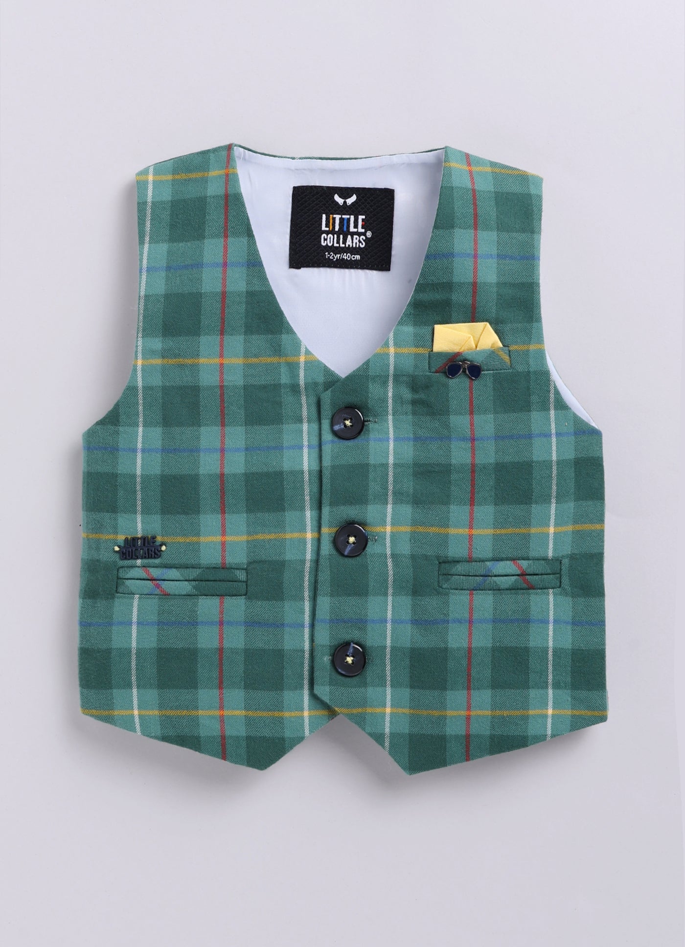 Brushed Cotton Woven Full Sleeves Checkered Waistcoat Pant with Shirt Bow Cap and Brooch Jacket Set- Green
