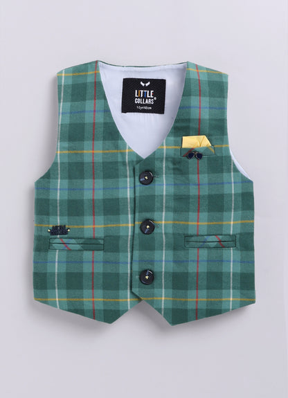 Brushed Cotton Woven Full Sleeves Checkered Waistcoat Pant with Shirt Bow Cap and Brooch Jacket Set- Green