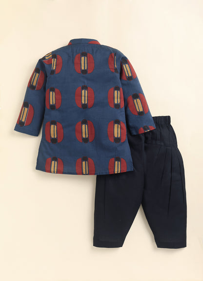 Boys 100% Pure Cotton Jaipuri Print Full Sleeve Patiala Ethnic Set with Handwork Detailing on Box - BLUE