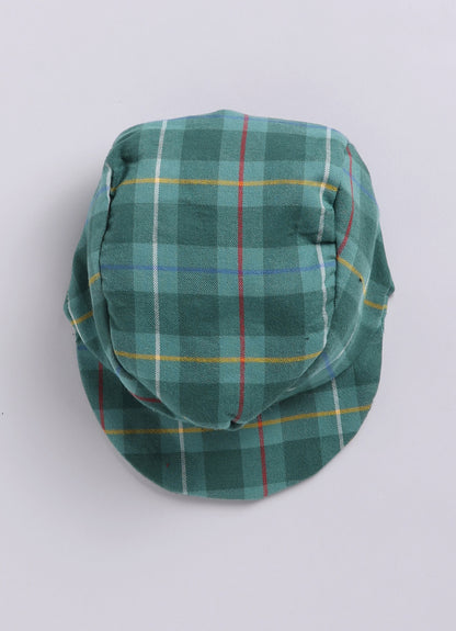 Brushed Cotton Woven Full Sleeves Checkered Waistcoat Pant with Shirt Bow Cap and Brooch Jacket Set- Green