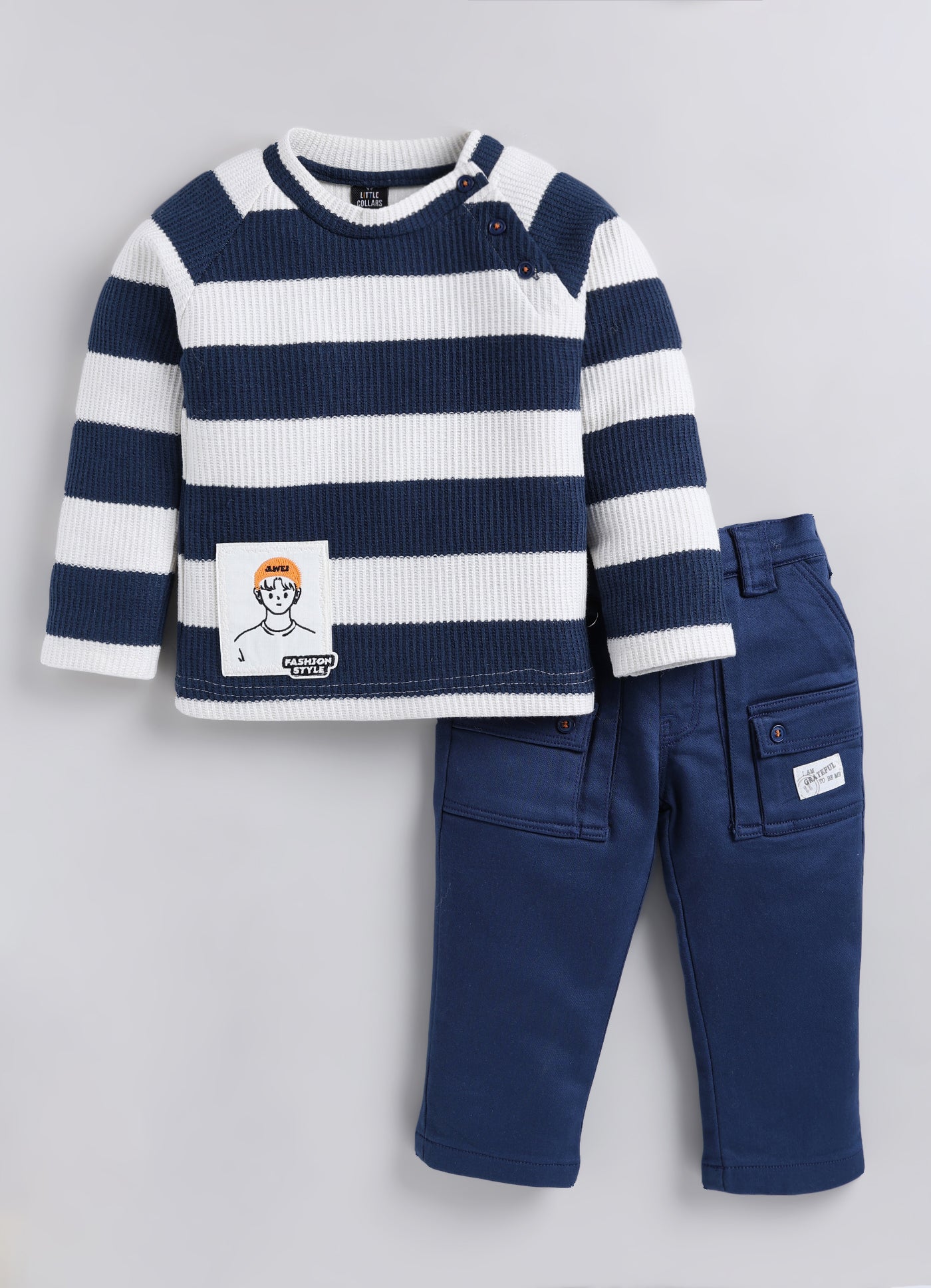 Boys Knitted Striped T-shirt, Shirt, Pant with Bow Casual Set- P.Blue