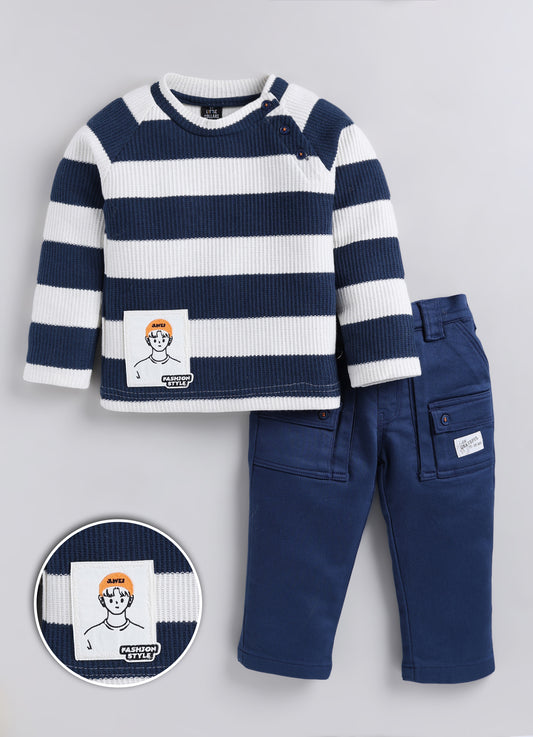 Boys Knitted Striped T-shirt, Shirt, Pant with Bow Casual Set- P.Blue