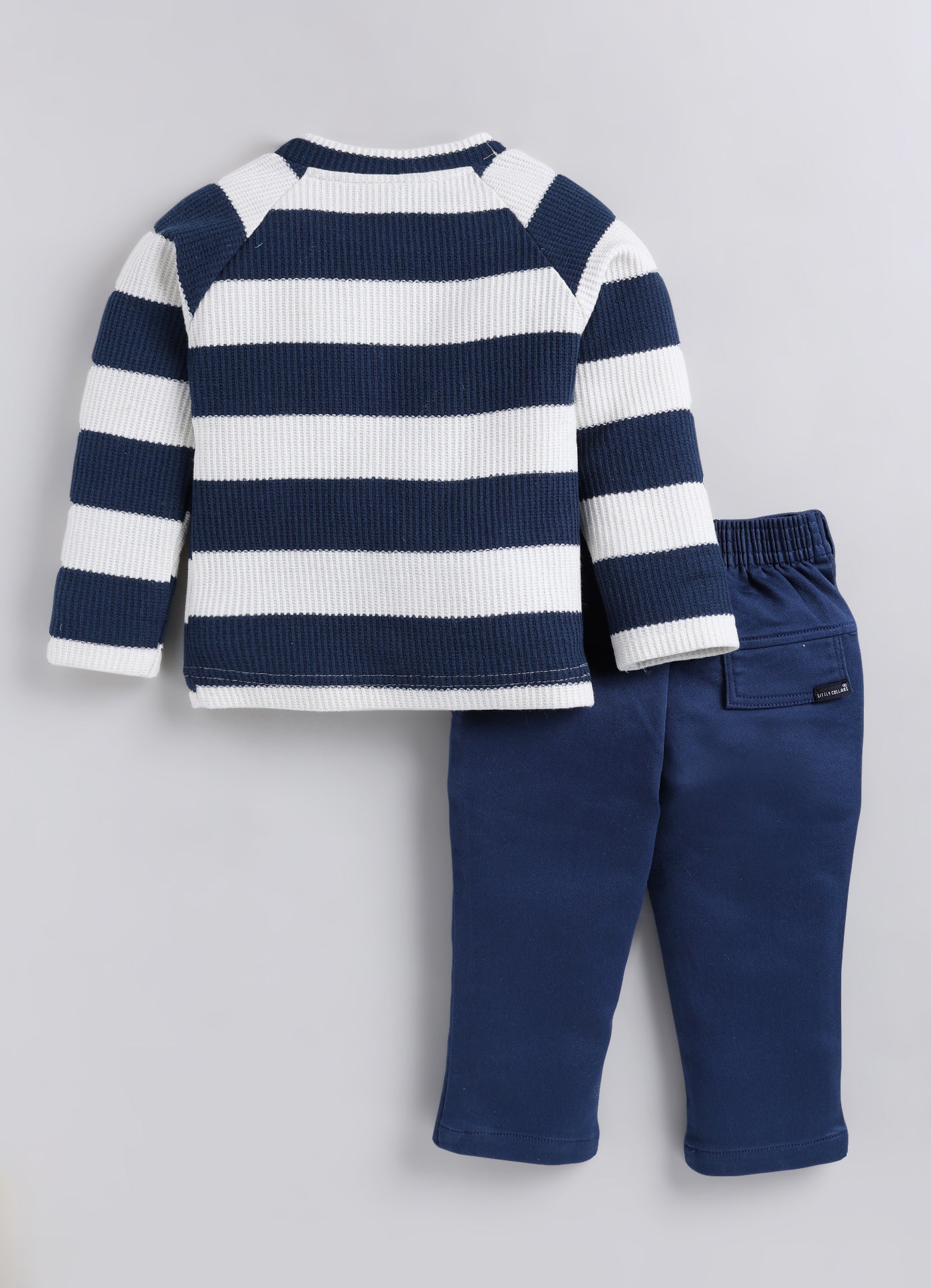 Boys Knitted Striped T-shirt, Shirt, Pant with Bow Casual Set- P.Blue
