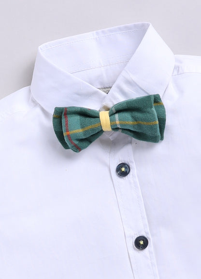 Brushed Cotton Woven Full Sleeves Checkered Waistcoat Pant with Shirt Bow Cap and Brooch Jacket Set- Green