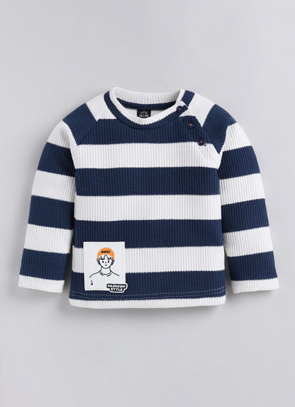 Boys Knitted Striped T-shirt, Shirt, Pant with Bow Casual Set- P.Blue