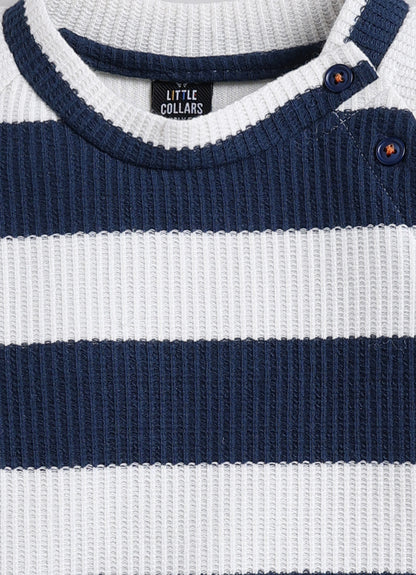Boys Knitted Striped T-shirt, Shirt, Pant with Bow Casual Set- P.Blue