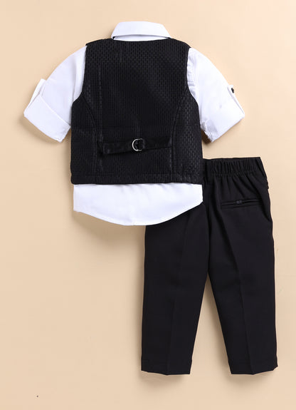 Collars Blended  Woven Full Sleeves Jaquard Waistcoat Pant with Shirt & Bow Partywear Set- Black