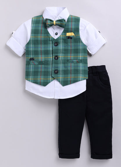 Brushed Cotton Woven Full Sleeves Checkered Waistcoat Pant with Shirt Bow Cap and Brooch Jacket Set- Green