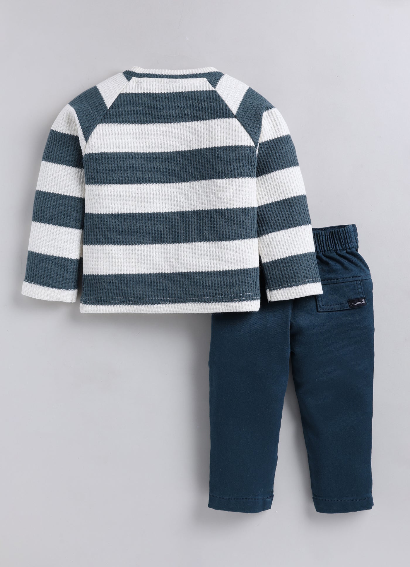 Boys Knitted Striped T-shirt, Shirt, Pant with Bow Casual Set- Green