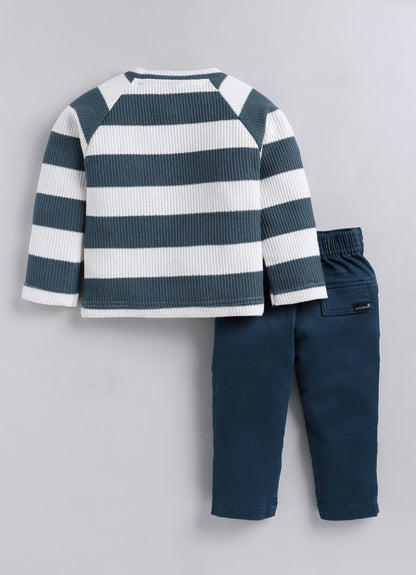 Boys Knitted Striped T-shirt, Shirt, Pant with Bow Casual Set- Green