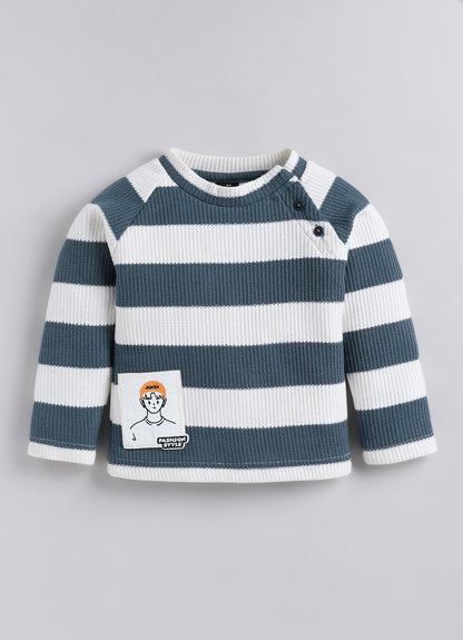 Boys Knitted Striped T-shirt, Shirt, Pant with Bow Casual Set- Green