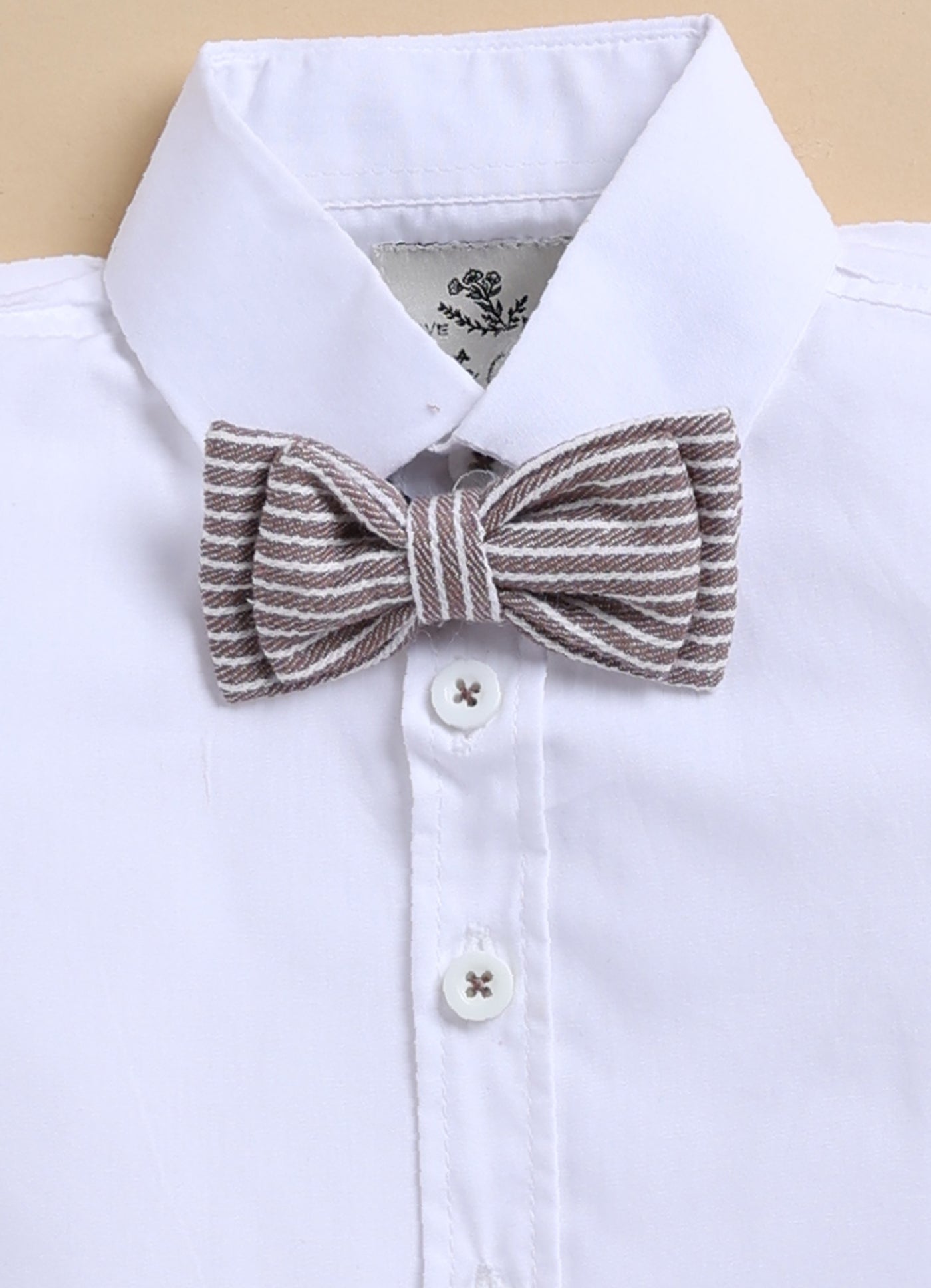 Cotton Woven Full Sleeves Striped Animal Logo Waistcoat Jacket Pant with Solid Shirt & Bow Coord Set- Brown