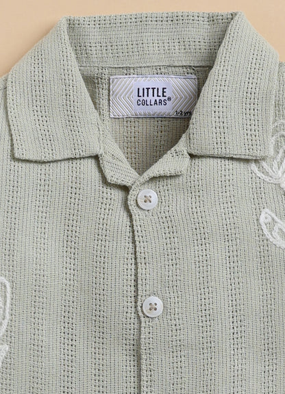 Blended Woven Full Sleeves Floral Motif Embroidered Shirt & Pant Casual Set- Green