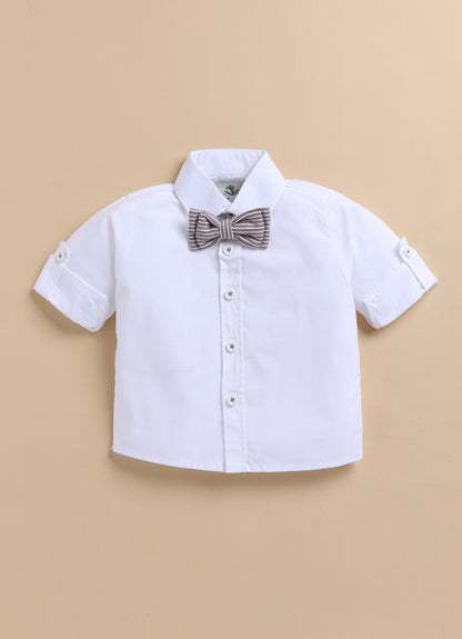 Cotton Woven Full Sleeves Striped Animal Logo Waistcoat Jacket Pant with Solid Shirt & Bow Coord Set- Brown