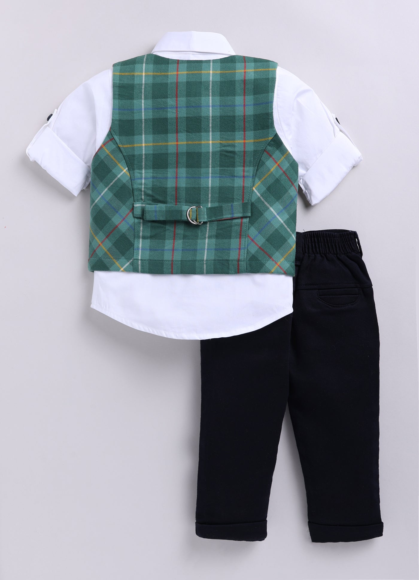 Brushed Cotton Woven Full Sleeves Checkered Waistcoat Pant with Shirt Bow Cap and Brooch Jacket Set- Green