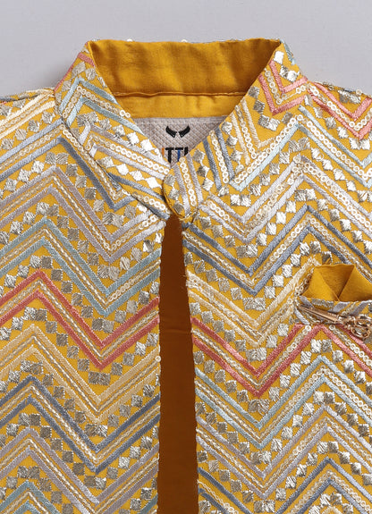 Little Collars Boys Festive Haldi Mustard Heavy Embroidered Ethnic Nehru Jacket Kurta Pajama Set - Mustard