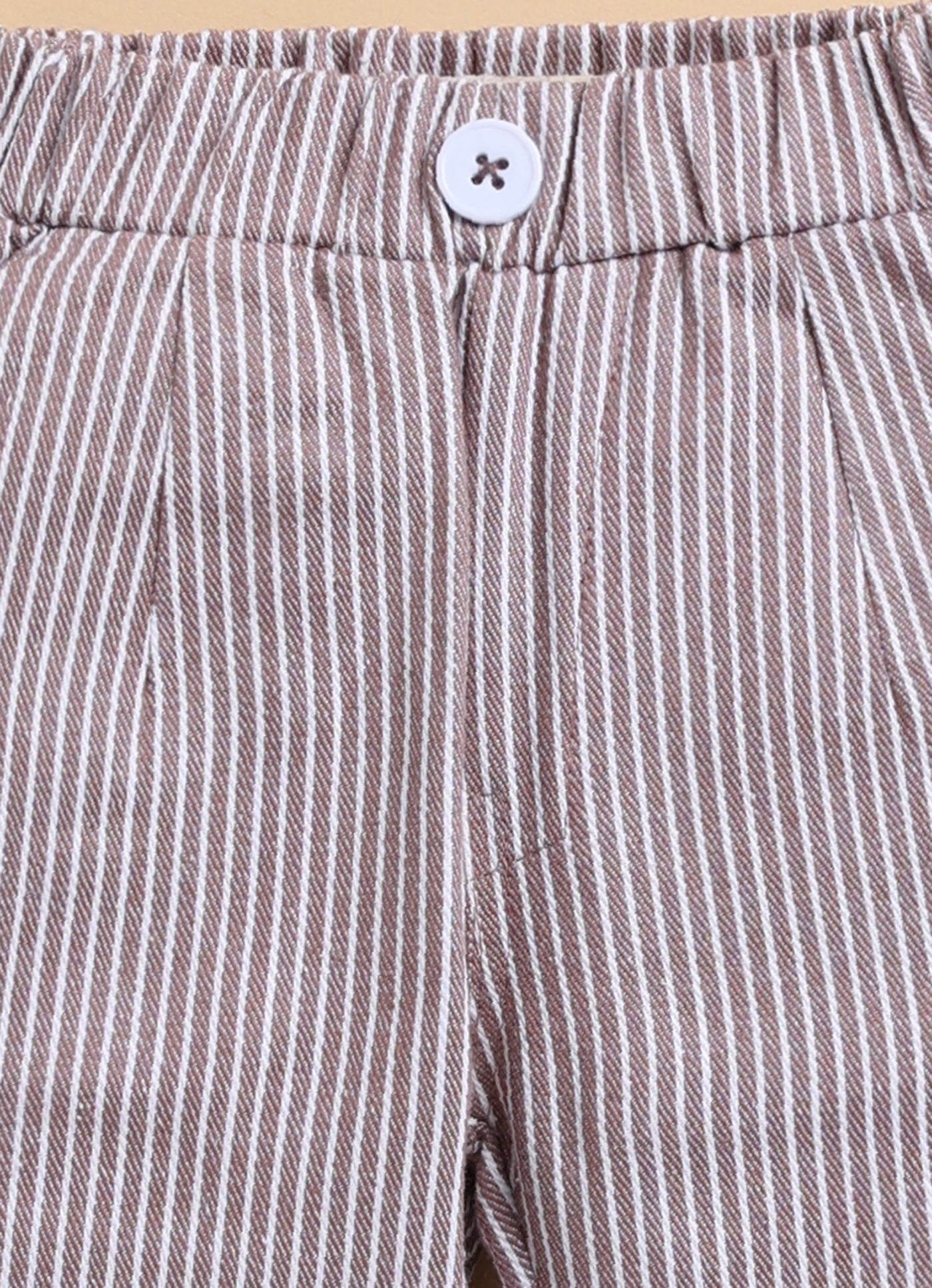 Cotton Woven Full Sleeves Striped Animal Logo Waistcoat Jacket Pant with Solid Shirt & Bow Coord Set- Brown