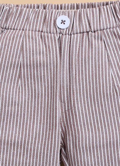 Cotton Woven Full Sleeves Striped Animal Logo Waistcoat Jacket Pant with Solid Shirt & Bow Coord Set- Brown