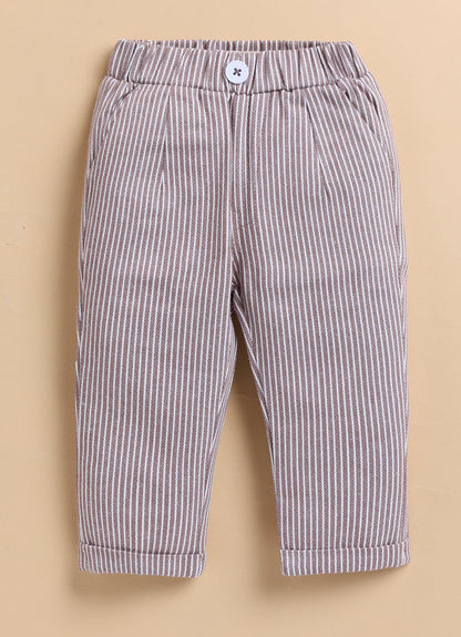 Cotton Woven Full Sleeves Striped Animal Logo Waistcoat Jacket Pant with Solid Shirt & Bow Coord Set- Brown