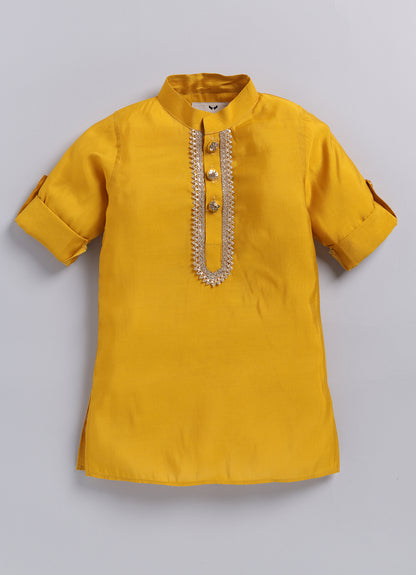 Little Collars Boys Festive Haldi Mustard Heavy Embroidered Ethnic Nehru Jacket Kurta Pajama Set - Mustard
