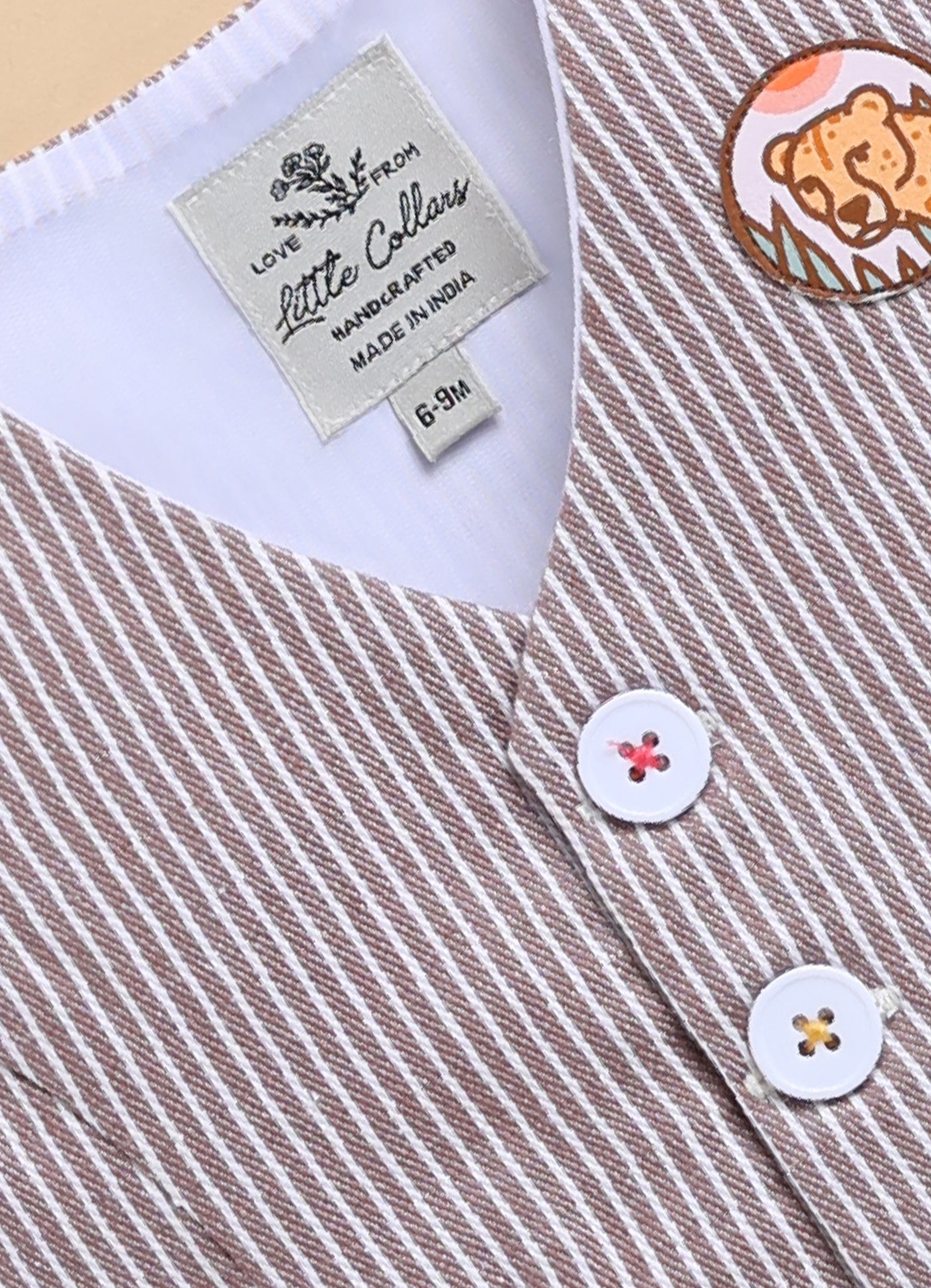 Cotton Woven Full Sleeves Striped Animal Logo Waistcoat Jacket Pant with Solid Shirt & Bow Coord Set- Brown