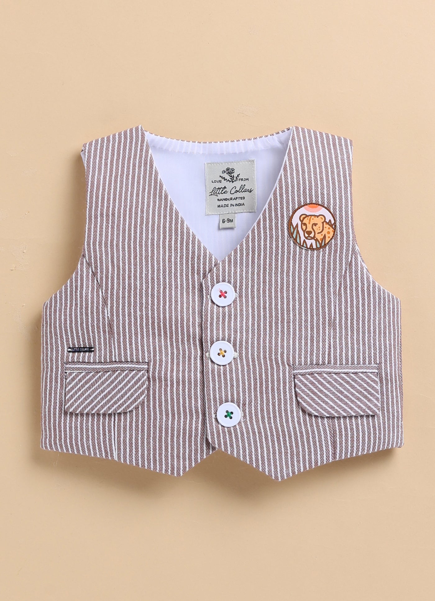 Cotton Woven Full Sleeves Striped Animal Logo Waistcoat Jacket Pant with Solid Shirt & Bow Coord Set- Brown