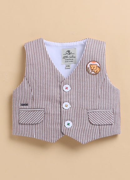 Cotton Woven Full Sleeves Striped Animal Logo Waistcoat Jacket Pant with Solid Shirt & Bow Coord Set- Brown