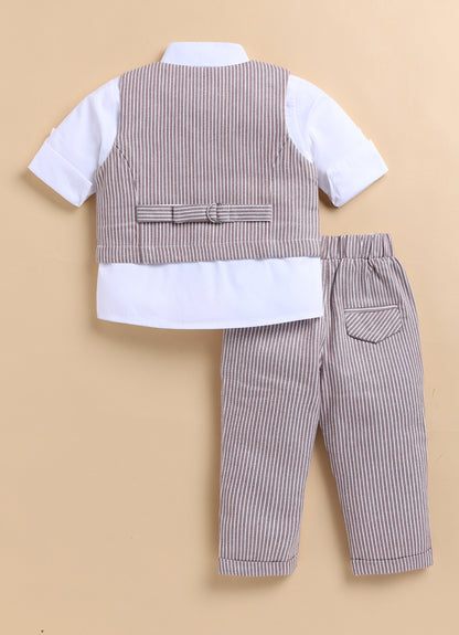 Cotton Woven Full Sleeves Striped Animal Logo Waistcoat Jacket Pant with Solid Shirt & Bow Coord Set- Brown