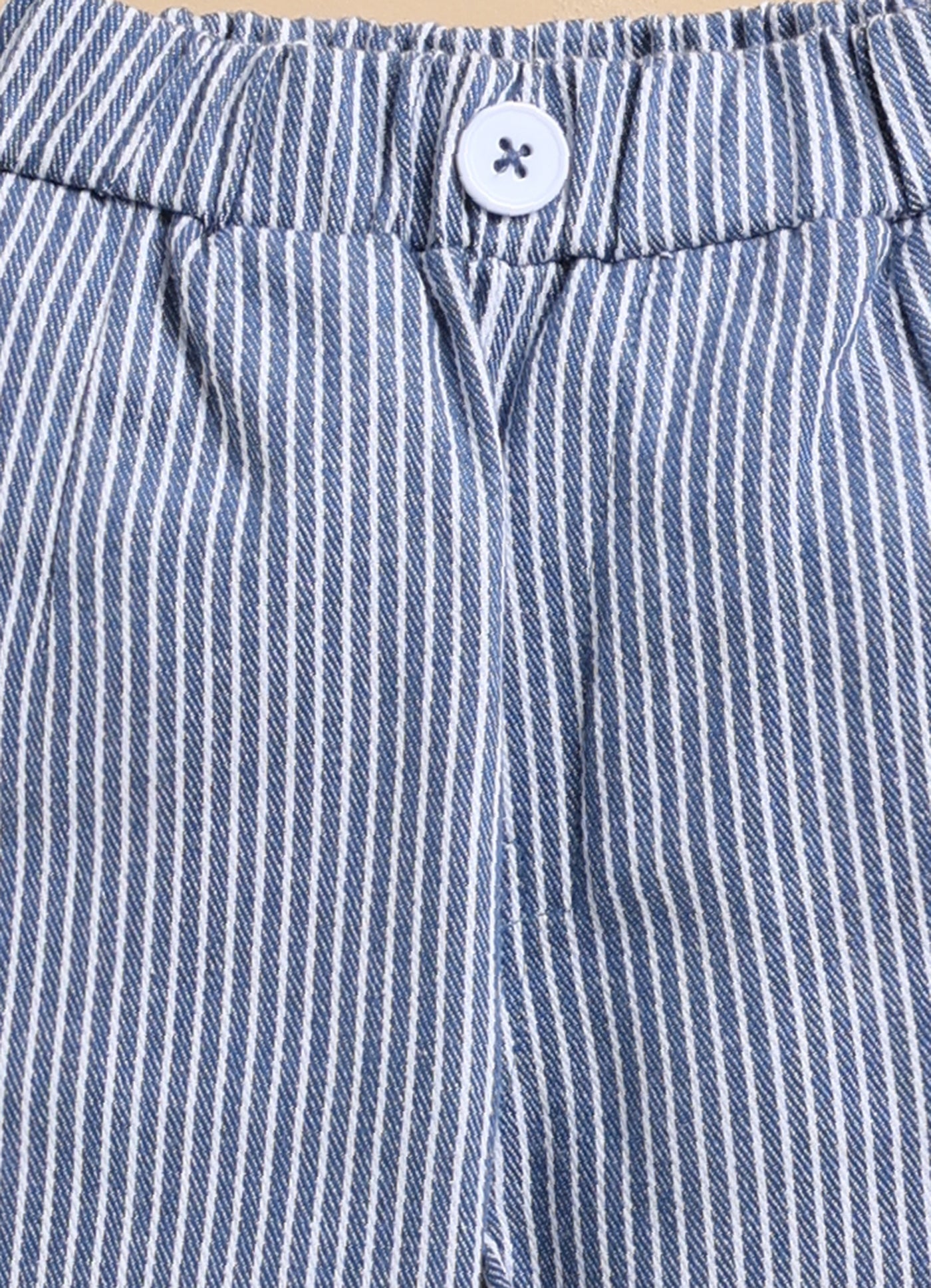 Cotton Woven Full Sleeves Striped Animal Logo Waistcoat Jacket Pant with Solid Shirt & Bow Coord Set- Blue