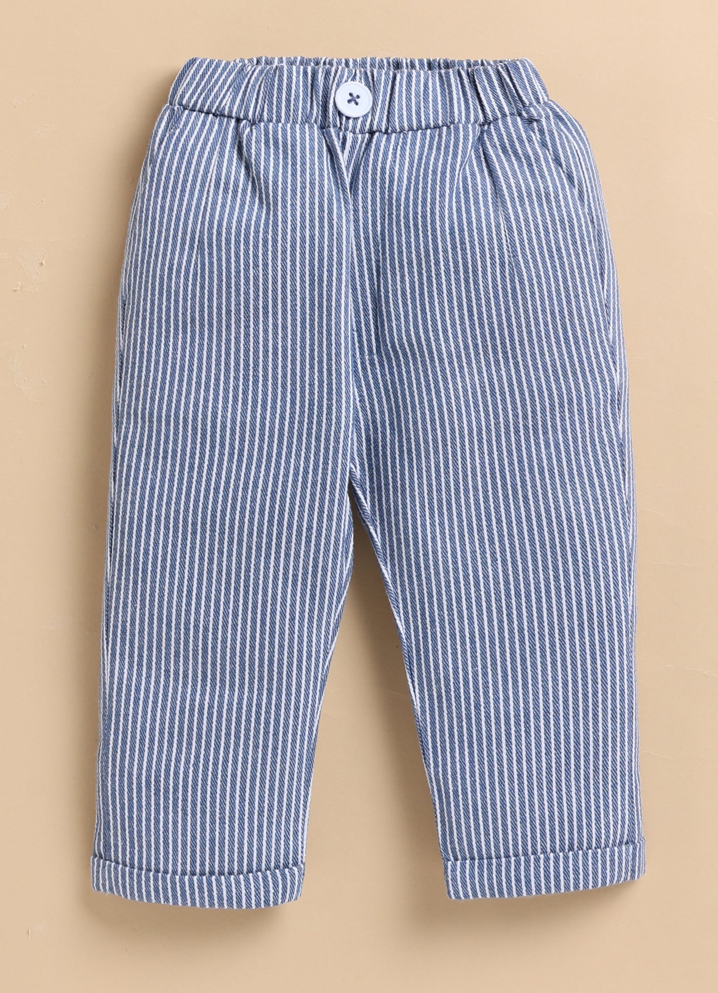 Cotton Woven Full Sleeves Striped Animal Logo Waistcoat Jacket Pant with Solid Shirt & Bow Coord Set- Blue