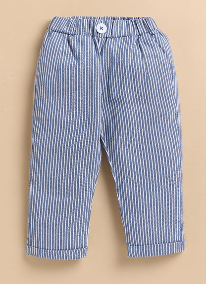 Cotton Woven Full Sleeves Striped Animal Logo Waistcoat Jacket Pant with Solid Shirt & Bow Coord Set- Blue