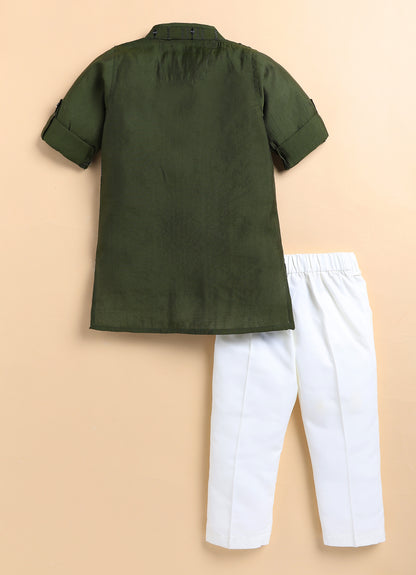 Silk Blended Woven Full Sleeves Pack of 2 Solid Embellished Kurta Pajama Ethnic Set- Green