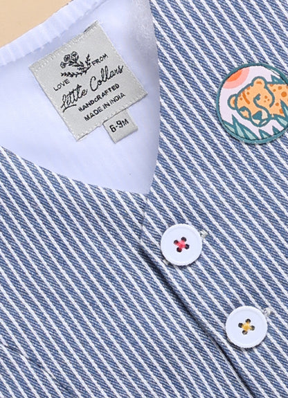 Cotton Woven Full Sleeves Striped Animal Logo Waistcoat Jacket Pant with Solid Shirt & Bow Coord Set- Blue