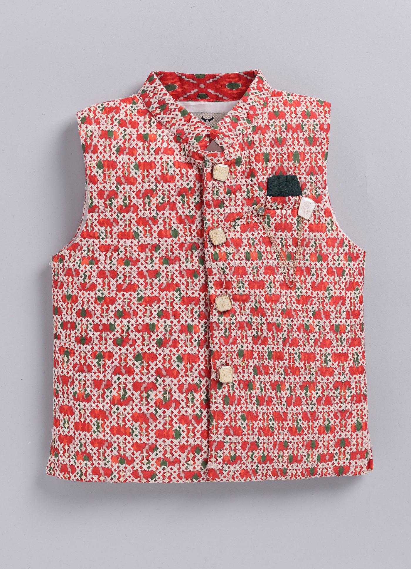 Boys Festive Embroidered Ikat Ethnic Nehru Jacket Kurta Pajama Set - Red