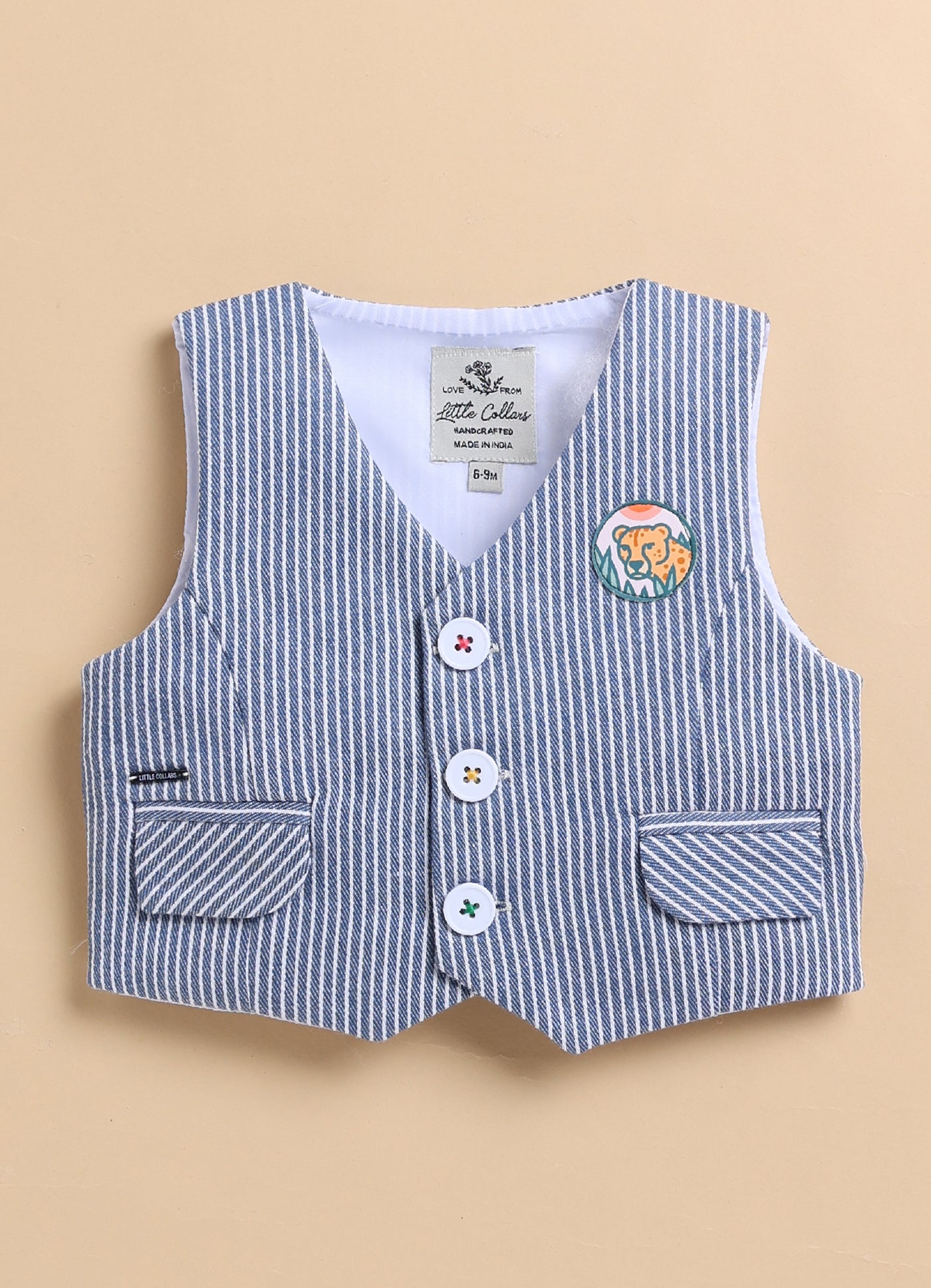 Cotton Woven Full Sleeves Striped Animal Logo Waistcoat Jacket Pant with Solid Shirt & Bow Coord Set- Blue