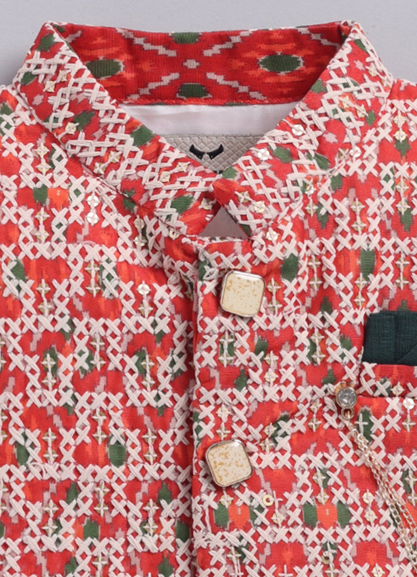 Boys Festive Embroidered Ikat Ethnic Nehru Jacket Kurta Pajama Set - Red