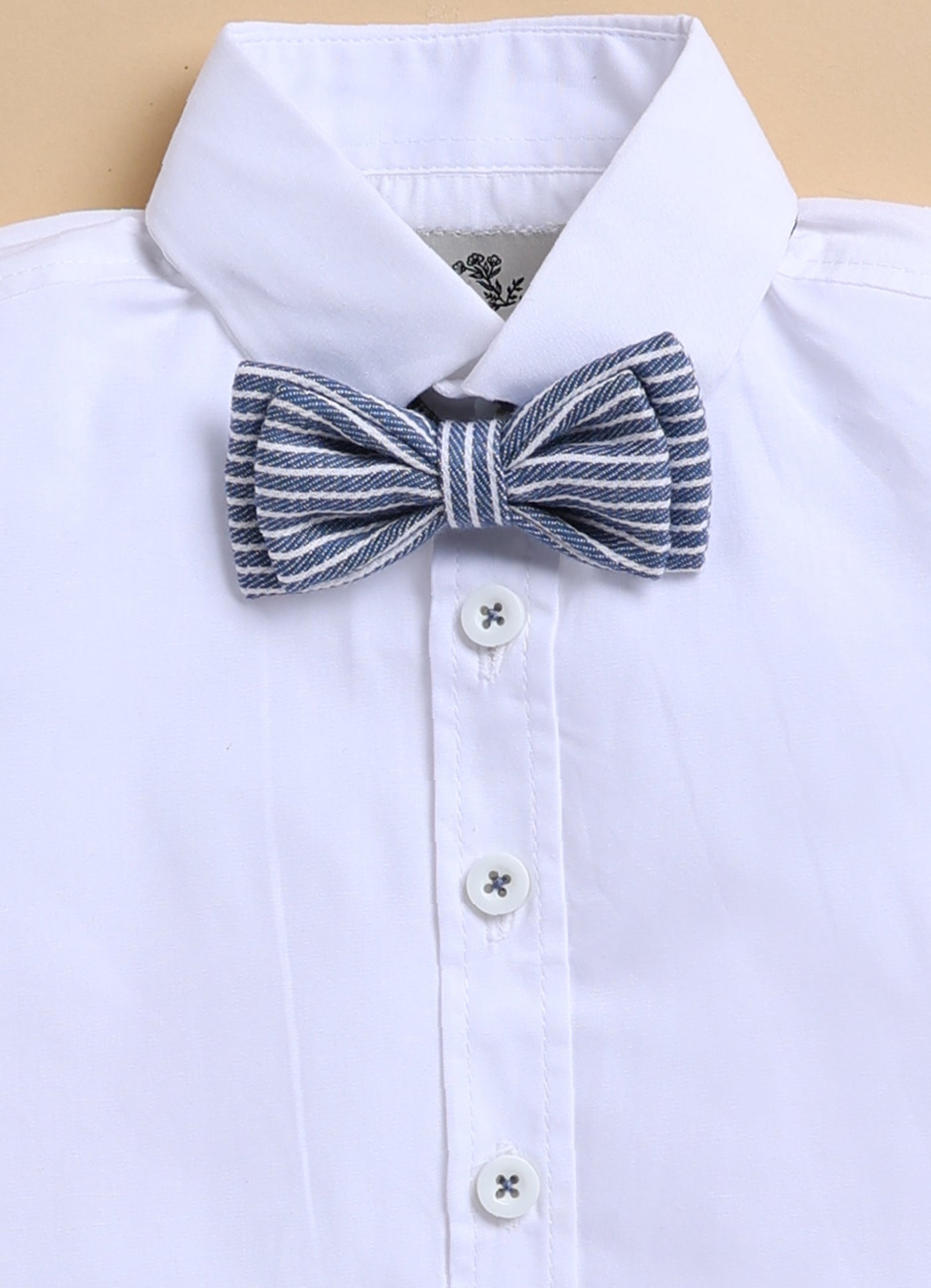 Cotton Woven Full Sleeves Striped Animal Logo Waistcoat Jacket Pant with Solid Shirt & Bow Coord Set- Blue