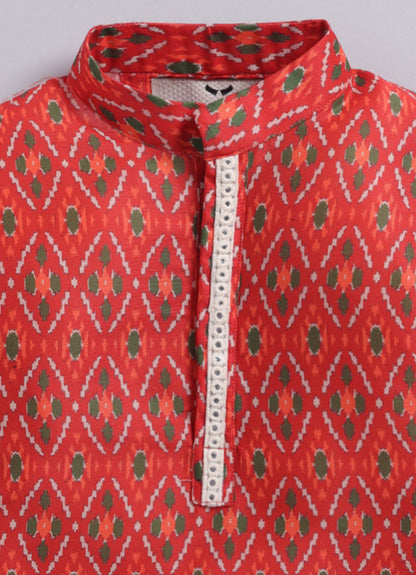 Boys Festive Embroidered Ikat Ethnic Nehru Jacket Kurta Pajama Set - Red