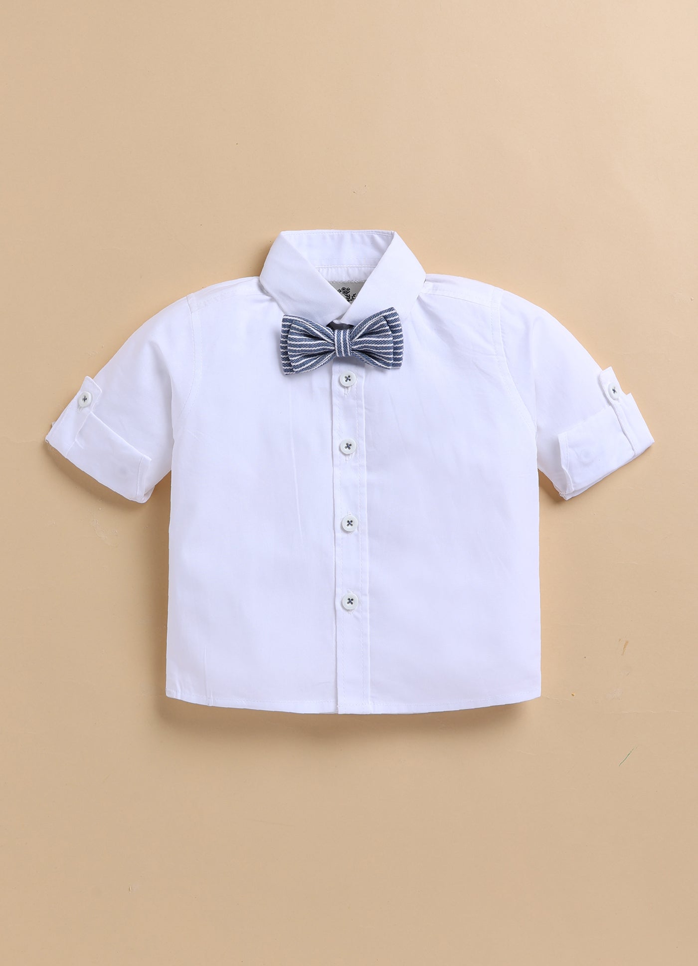 Cotton Woven Full Sleeves Striped Animal Logo Waistcoat Jacket Pant with Solid Shirt & Bow Coord Set- Blue