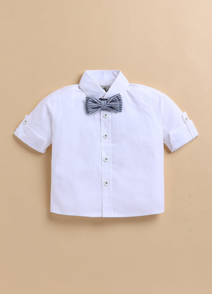 Cotton Woven Full Sleeves Striped Animal Logo Waistcoat Jacket Pant with Solid Shirt & Bow Coord Set- Blue