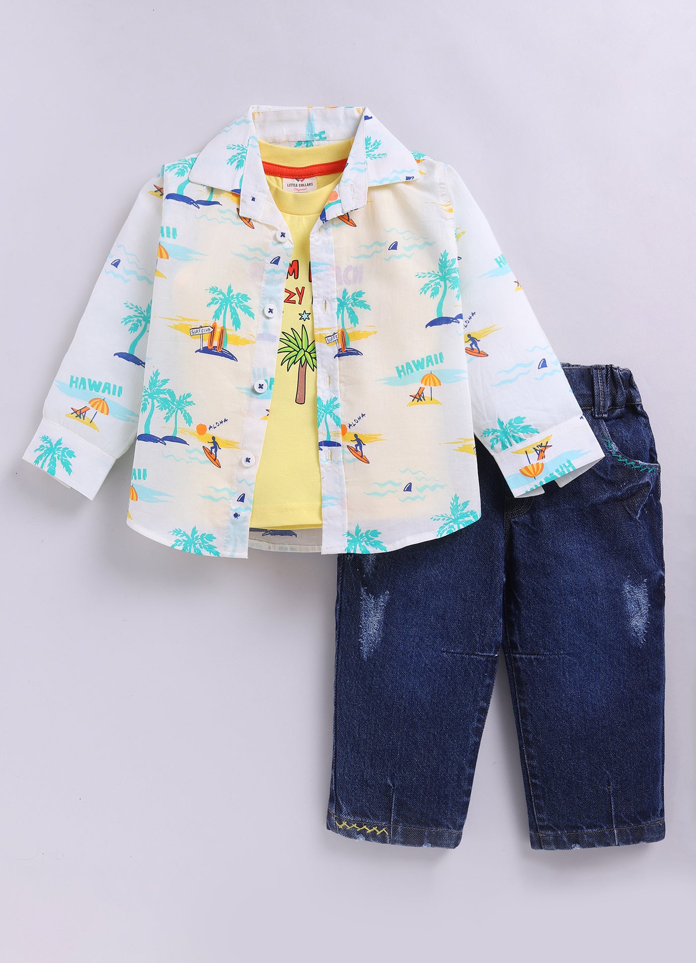 Boys Printed Casual Shirt, Tshirt & Barrel Fit Denim Pant Set - White